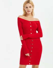 Fashion Red Threaded V-neck Breasted Dress