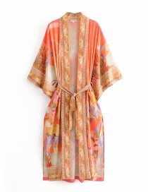 Fashion Orange Beauty Print Lace Up Kimono