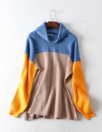 Fashion Blue + Khaki + Orange Anti-needle Colorblock Turtleneck Sweater