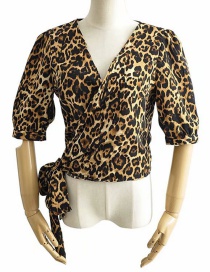 Fashion Leopard Print Printed Lace-up Around V-neck Shirt