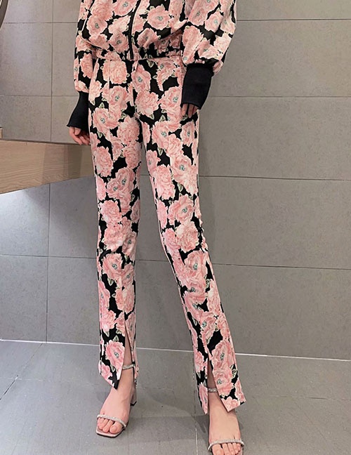 Fashion Pink Floral Print Split Straight Pants