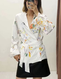 Fashion White Cross-print V-neck Lace-up Shirt
