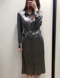 Fashion Gray Satin Shirt Belt Dress
