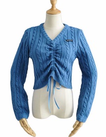 Fashion Blue Front Drawstring V-neck Knitted Sweater
