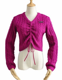 Fashion Fuchsia Front Drawstring V-neck Knitted Sweater