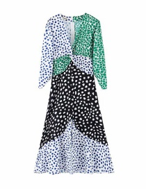 Fashion Green + Black + White Floral Print Stitching Split Chiffon Dress