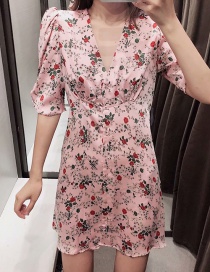 Fashion Pink Flower Print V-neck Dress