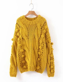 Fashion Yellow Hollow Knit Ball Twist Sweater