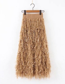 Fashion Khaki Feather Fringed Knitted Skirt