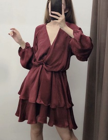 Fashion Wine Red Stacked Silk-satin V-neck Pleated Dress