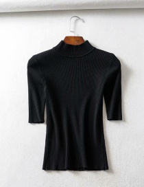 Fashion Black Threaded Collar Middle Sleeve Knit T-shirt