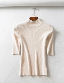 Fashion Beige Threaded Collar Middle Sleeve Knit T-shirt