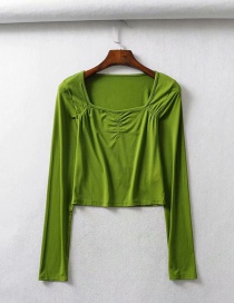 Fashion Green Elastic Square Neck Pleated Long Sleeve T-shirt