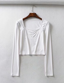 Fashion White Elastic Square Neck Pleated Long Sleeve T-shirt