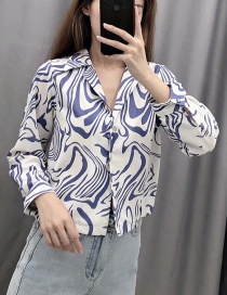 Fashion Blue Flower-print Lapel Single-breasted Shirt