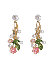 Fashion Pink Pearl Oiled Flower Leaf Earrings With Diamonds