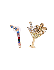 Fashion Color Straw Cup Geometric Asymmetric Earrings With Diamonds