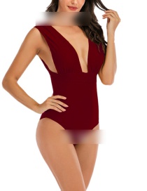 Fashion Wine Red Back Lace Up V-neck One Piece Swimsuit