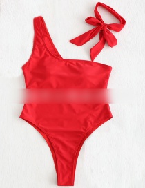 Fashion Red One Shoulder Tie Lace One-piece Swimsuit