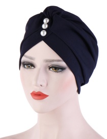 Fashion Navy Bamboo Linen Forehead Folds With Pearl Turban Hat