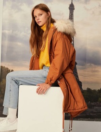 Fashion Ginger Belted Hooded Fur Collar Mid-length Parka Frock Jacket