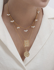 Fashion Golden Pearl Pentagram Tassel Square Embossed Flower Multilayer Necklace