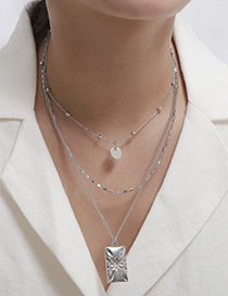 Fashion White K Sequin Chain Carved Flower Square Multilayer Necklace