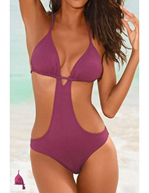 Fashion Purple V-neck Cutout Leak Back One-piece Swimsuit