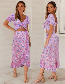 Fashion Pink Floral Top + Bow Irregular V-neck Strap Skirts Suit Skirt