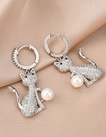 Fashion Silver Cat And Pearl Geometric Earrings With Diamonds