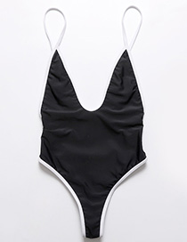 Fashion Black Deep V-neck One-piece Swimsuit With Suspenders