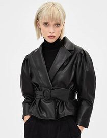 Fashion Black Short Faux Leather Jacket With Belt