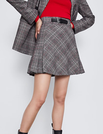 Fashion Gray Plaid Belt Buckled Pleated Skirt