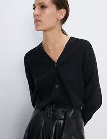 Fashion Black Breasted V-neck Rib Coat