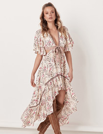 Fashion Apricot Deep V-neck Lace-up Printed Irregular Dress