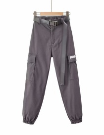 Fashion Gray Letter Print Pockets With Belt Overalls
