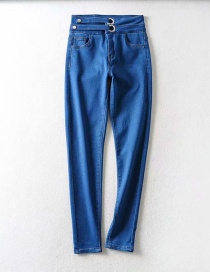 Fashion Blue Washed Buckled Panel Skinny Jeans