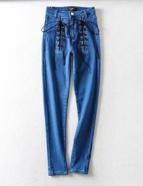 Fashion Blue Lace Up Washed Slim Jeans