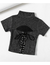 Fashion Black Drawstring Bright Silk Stretch Short-sleeved Sweater On Chest