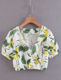 Fashion White Fruit Flower Print V-neck Shirt