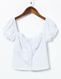 Fashion White Lace Square Collar Stretch-knit Single-breasted Puff Sleeve Shirt