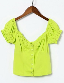 Fashion Green Lace Square Collar Stretch-knit Single-breasted Puff Sleeve Shirt