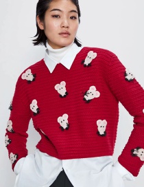 Fashion Red Animal Embroidered Knitted Sweater
