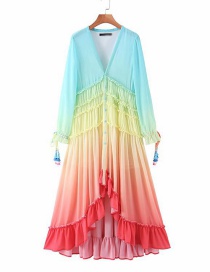 Fashion Color Gradient V-neck Fringed Dress