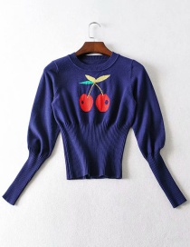 Fashion Blue Purple Sweater With Printed Cherry Blossoms