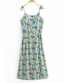 Fashion Blue V-neck Dress With Floral Print