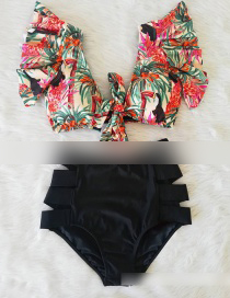Fashion Coconut Toucan + Black Underpants Printed Bandage Lotus Leaf Lace High Waist Split Swimsuit