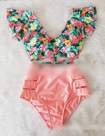 Fashion Floral Flamingo Printed Bandage Lotus Leaf Lace High Waist Split Swimsuit