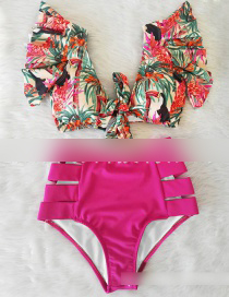Fashion Coconut Toucan + Foundation Pants Printed Bandage Lotus Leaf Lace High Waist Split Swimsuit