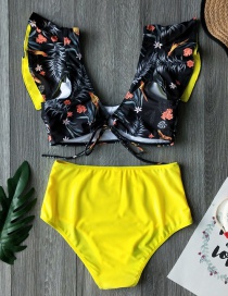 Fashion Black Bottom Gray Leaves + Yellow Bottoms Printed Bandage Lotus Leaf Lace High Waist Split Swimsuit